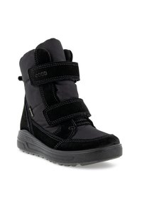 Stivali neri in suede e nylon con due cinturini in Velcro, una cavigliera imbottita e una suola in gomma testurizzata per aderenza e stabilità.