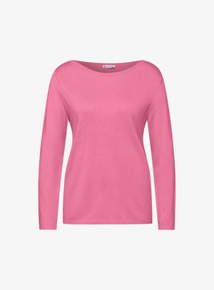 Maglietta a maniche lunghe rosa realizzata in tessuto morbido, con scollo ampio e dettagli di cucitura, caratterizzata da una vestibilità comoda e orlo dritto.