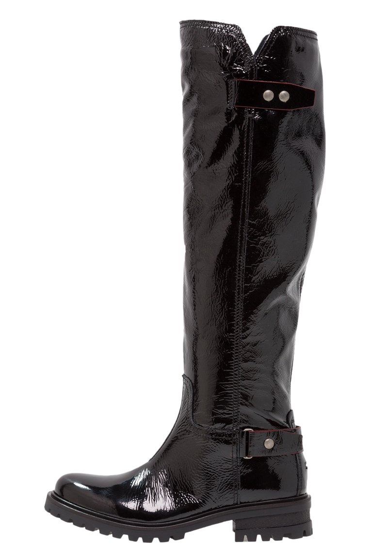 Czarne kozaki za kolano z błyszczącym wykończeniem z lakierowanej skóry, okrągłym noskiem, wytrzymałą podeszwą i ozdobą w postaci bocznej klamry. Gładka tekstura i elegancki design.