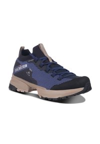 Les chaussures de randonnée bleu marine présentent une tige texturée avec un motif en grille, un embout renforcé et une semelle intermédiaire gris clair. Semelle en caoutchouc noir avec adhérence.