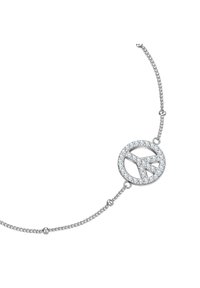 Silverfärgad armband med en cirkulär fredsymbol prydd med små klara kristaller. Kedjan är delikat med strukturerade länkar.