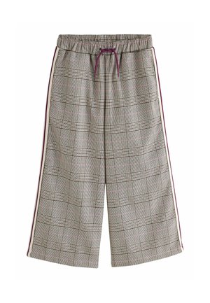 Graue karierte Culottes mit elastischem Bund und Kordelzug, mit kontrastierenden Seitenstreifen in Bordeauxrot. Weites Bein-Design.