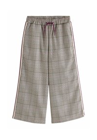 Pantalons à jambes larges en tartan avec taille élastique et cordon de serrage violet, présentant des bandes latérales crème et violet.