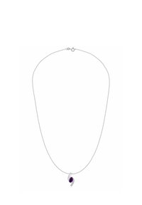 Collana con catena d'argento con pendente a forma di gemma ovale viola e un tocco curvo in argento con piccole pietre trasparenti.