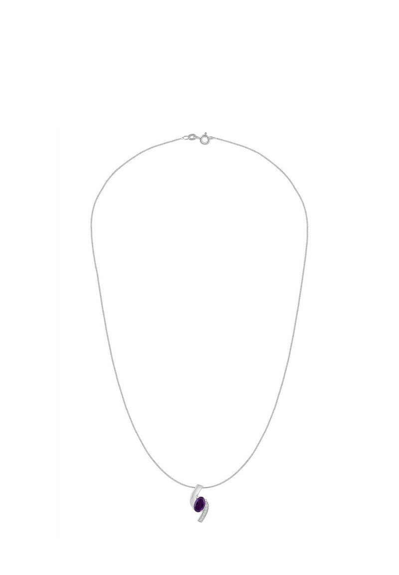 Collana con catena d'argento con pendente a forma di gemma ovale viola e un tocco curvo in argento con piccole pietre trasparenti.