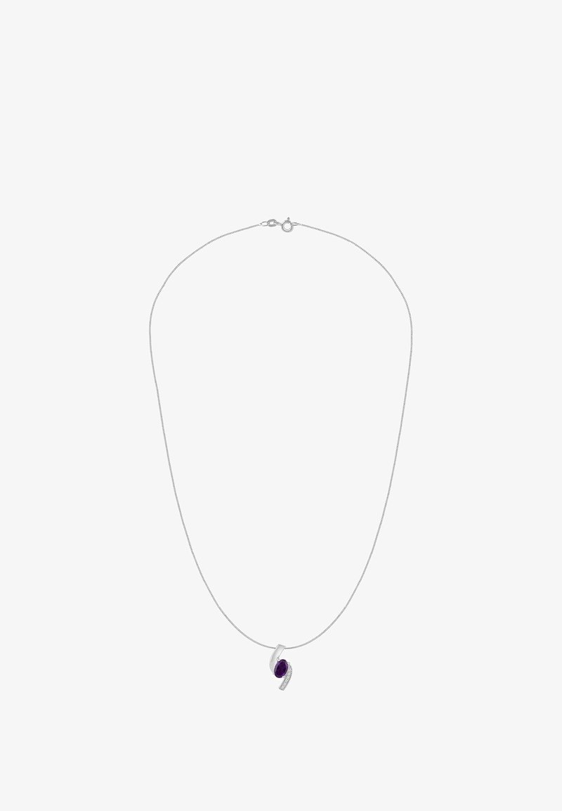 Hõbedast kett-kaelakee, millel on lilla ovaalse kujuga vääriskivist ripats ja kõver hõbedane aksent väikeste läbipaistvate kivikestega.