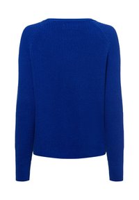 Gebreide blauwe trui met een ronde halslijn, lange raglanmouwen, geribde manchetten en een textuurpatroon op de stof.