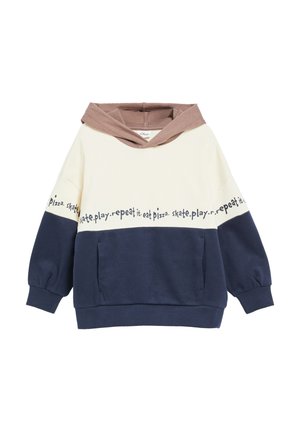Kapuzensweatshirt mit cremefarbenem Oberteil, marineblauem Unterteil, brauner Kapuze und Textband mit der Aufschrift "eat pizza. skate. play. repeat it." über Brust und Ärmeln.