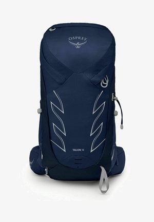 Mochila Osprey Talon 18 en azul marino, con una superficie texturizada, acentos reflectantes, correas ajustables y un bolsillo frontal.