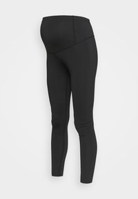 Leggings de maternité noirs en tissu extensible, dotés d'une taille haute avec une bande de soutien et d'un design de jambe ajustée et fuselée.