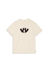 Krémové bavlnené tričko s čiernou grafikou dvoch veveričiek s natočenými chvostmi, umiestnenou nad textom "Effect Anne". Krátke rukávy, bežný strih.