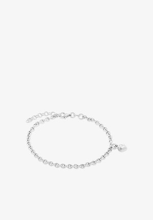 Sølv kædearmbånd med sammenkoblede runde led og en lille hjertevedhæng. Har en hummerlukning og justerbar længde.