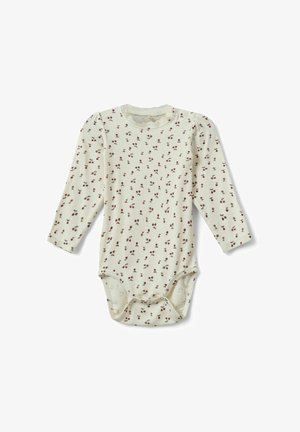 Ilgi piedurkņu mazuļu bodijs krēma krāsā, ar sarkanu ziedu rakstu, apaļu kakla izgriezumu un spiedpogu aizdari apakšā.