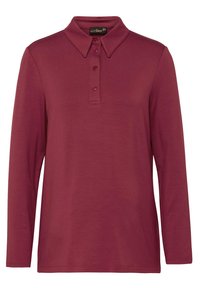 Langärmliges burgunderfarbenes Poloshirt mit klassischem Kragen, Knopfleiste mit drei Knöpfen und glattem Baumwollmaterial. Taillierte Passform mit geradem Saum.