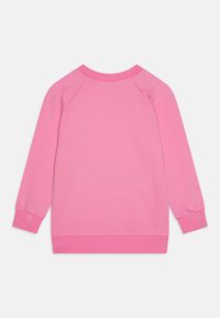 Felpa rosa con collo a giro, maniche raglan e polsini a costine. Texture liscia con colore uniforme e senza motivi o accenti visibili.