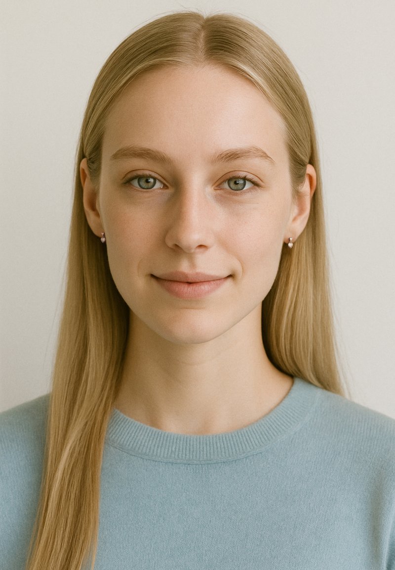 Kvinde med langt, glat blond hår, iført en lys blå sweater. Små øreringe komplementerer hendes neutrale udtryk mod en lys baggrund.