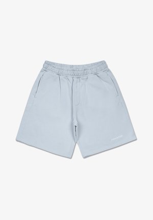 Light blue cotton shorts with an elastic waistband, side pockets, and a small white logo on the bottom right. Regular fit design.