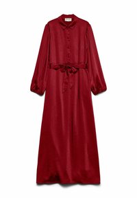 Długa czerwona sukienka z gładkiej tkaniny, z kołnierzykiem, długimi rękawami, zapięciem na guziki oraz pasującym paskiem w talii.