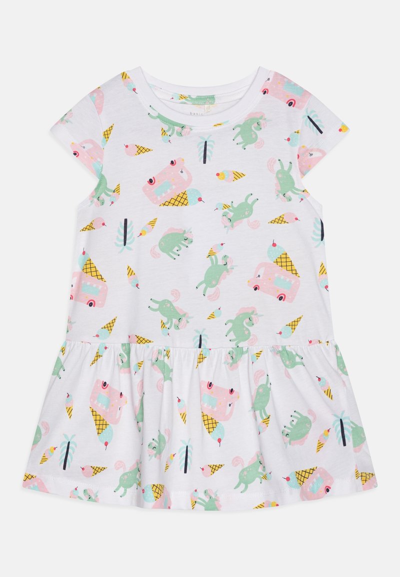 Robe blanche à manches courtes avec ourlet volanté, motif licornes pastel, cornets de glace et camions de glace roses.