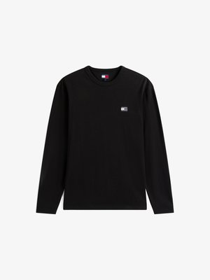 Black long-sleeve t-shirt made of cotton, featuring a round neckline and a small branded label on the chest. Smooth texture.
