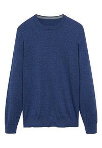 Jersey azul hecho de una tela suave y texturizada. Presenta un escote redondo, mangas largas y puños y dobladillo acanalados. Diseño simple y clásico.