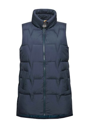 Gilet imbottito blu navy con colletto alto, zip frontale, tasche laterali e motivo geometrico a trapuntatura. Tessuto leggero e liscio, con hardware minimale.