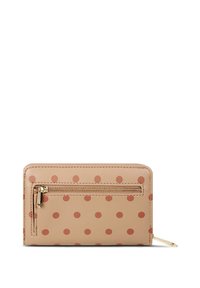 Pink leather wallet with red polka dots, featuring a zippered back pocket, smooth texture, rectangular shape, and gold-tone hardware.