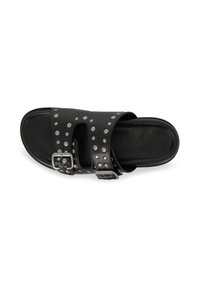 Black leather sandal with two adjustable straps and silver stud accents. Features an open toe design and a flat sole.
