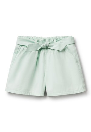 Shorts vert menthe clair avec une taille élastique et une ceinture à nouer. Dotés de deux poches latérales et d'une texture lisse, de longueur raccourcie.