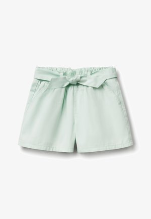 Helle mintgrüne Shorts mit elastischem Bund und einem Bindegürtel. Verfügt über zwei Seitentaschen und eine glatte Textur, in verkürzter Länge.