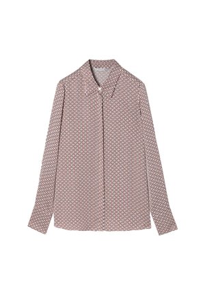 Pitkähihaisessa napilla varustetussa paidassa on vaaleanpunainen väri, jossa on tummanpunaisia ja valkoisia geometrisia kuvioita. Paidassa on terävä kaulus ja nappikiinnitys hihansuissa.
