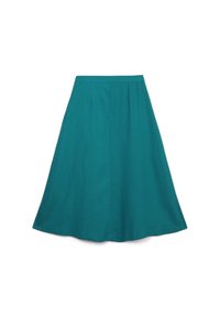 Gonna A-line teal realizzata in un tessuto liscio e leggero. Presenta una vita piatta e un orlo leggermente svasato, con sottili pieghe frontali.