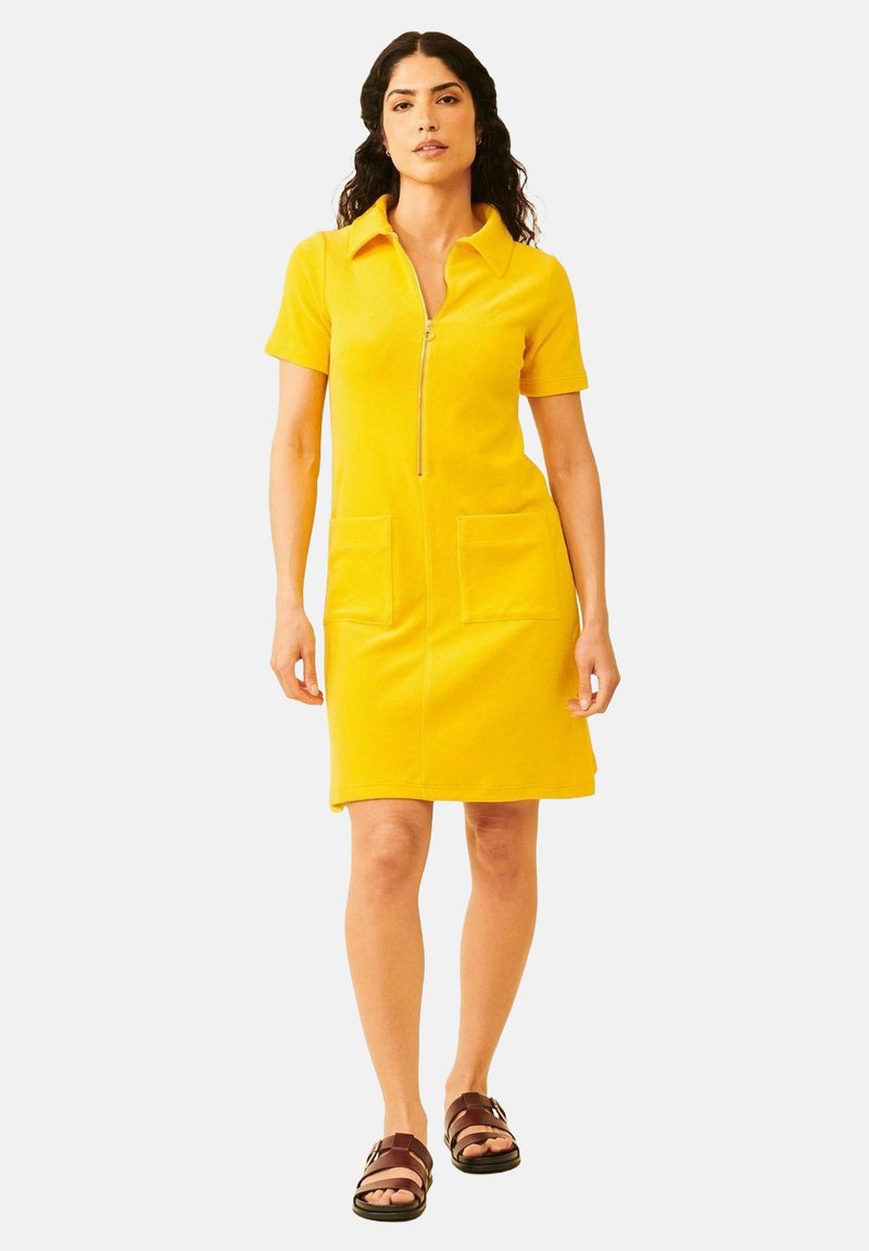 Keltainen vetoketjullinen mekko lyhyillä hihoilla, kauluksella ja kahdella etutaskulla. Silkkinen pinta, polvimittainen muotoilu, yhdistettynä ruskeisiin sandaaleihin.