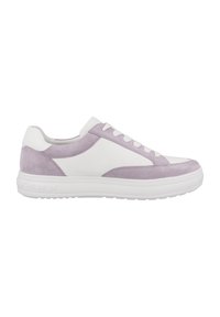 White and lavender sneakers with suede and leather materials, featuring a round toe, flat rubber sole, and six lace eyelets.