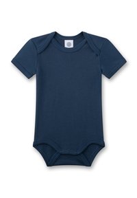 Dunkelblauer Kurzarm-Body aus weichem Baumwollstoff. Mit einer engen Passform, einem Wickelausschnitt und Druckknöpfen am Boden für ein einfaches Wickeln.