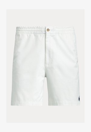 Baltos spalvos plaukimo šortai su elastine juosmens juostele, sagos užsegimu ir mažu tamsiai mėlynu logotipo elementu. Pagaminti iš lengvos, lygios medžiagos.