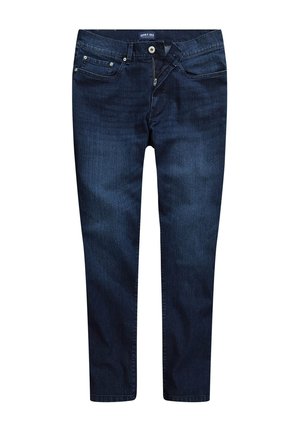 Jeans in denim blu scuro con vestibilità dritta, dotati di chiusura con zip, tasche anteriori e una texture sottile. Etichetta del marchio posizionata in vita.