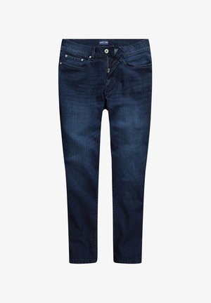 Jeans in denim blu scuro con vestibilità dritta, dotati di chiusura con zip, tasche anteriori e una texture sottile. Etichetta del marchio posizionata in vita.