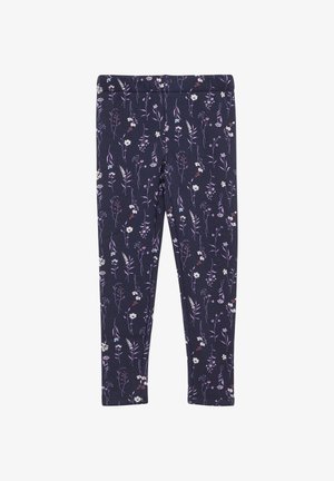 Granatowe legginsy z miękkiego materiału z kwiatowym wzorem w odcieniach fioletu, bieli i zieleni, z wygodnym elastycznym pasem.