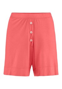 Korallenfarbene Baumwollshorts mit einem elastischen Bund und einem Fünfkknopfverschluss, ausgestattet mit einer glatten Textur und umgenähten Bündchen.