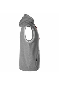 Grå ärmlös hoodie med huva, stora armöppningar och en ficka framtill. Gjord av mjukt tyg med ribbstickad fåll och detalj vid halsringningen.