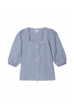 Kék-fehér kockás blúz puffos háromnegyedes ujjakkal, hullámos széllel, négyzet alakú nyakkivágással és elülső gombolással.