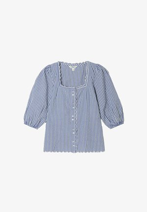 Kék-fehér kockás blúz puffos háromnegyedes ujjakkal, hullámos széllel, négyzet alakú nyakkivágással és elülső gombolással.