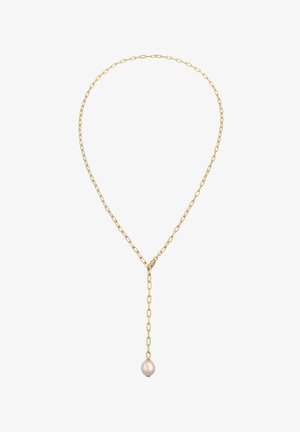 Guldhalskæde med aflange led, der har et dråbeformet design og en enkelt, glat, rund perle for enden.