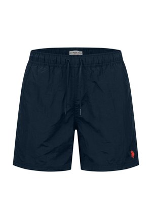 Marineblaue Herren-Badeshorts mit elastischem Bund, Kordelzug und kleinem roten Polospieler-Logo am unteren linken Bein.