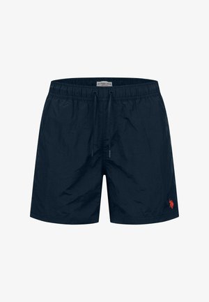 Navy blue men's swim shorts with elastic waistband, drawstring, and small red polo player logo on the bottom left leg.