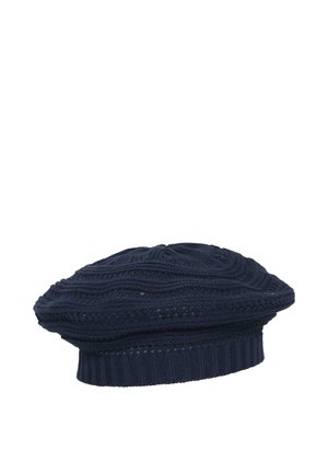 Navy blue knitted beret with ribbed band and textured cable knit pattern.