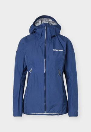 Chaqueta impermeable azul Berghaus con capucha, cremallera frontal y dos bolsillos laterales con cremallera, diseñada para actividades al aire libre.