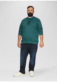 Groene sweatshirt met zwarte tekst, ronde hals en geribde manchetten, gecombineerd met donkere spijkerbroek en witte sneakers. Eenvoudig, casual ontwerp.