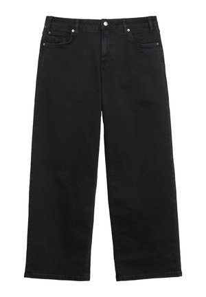 Schwarze Jeans mit geradem Bein, vorderem Knopf, Reißverschluss und fünf Taschen, flach auf weißem Hintergrund ausgelegt.